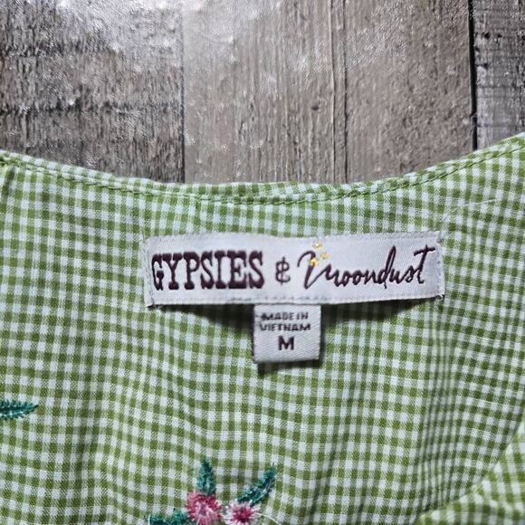 Gypsies & Moondust Ruffled Gingham Floral Embroidered Cold Shoulder Blouse - Picture 5 of 6